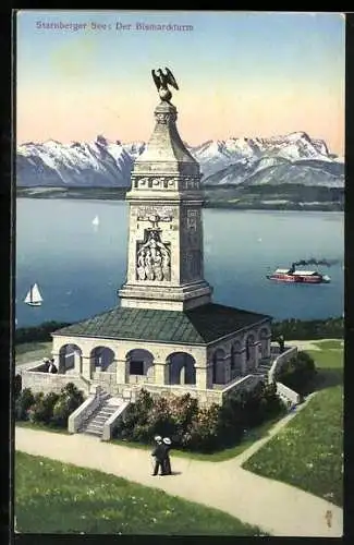 AK Starnberg, Bismarckturm mit Starnberger See aus der Vogelschau