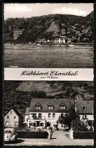 AK Ehrenthal am Rhein, Gesamtansicht und Pension Im Dachsbau, Bes. Max Proff, Auto Volkswagen VW Käfer Brezelkäfer