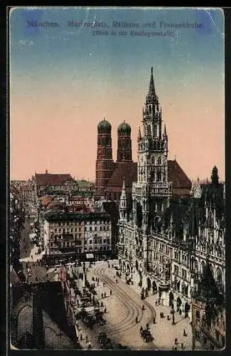 AK München, Marktplatz, Rathaus und Frauenkirche, Blick in die Kaufingerstrasse