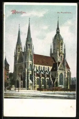 AK München, St. Paulskirche und Vorplatz