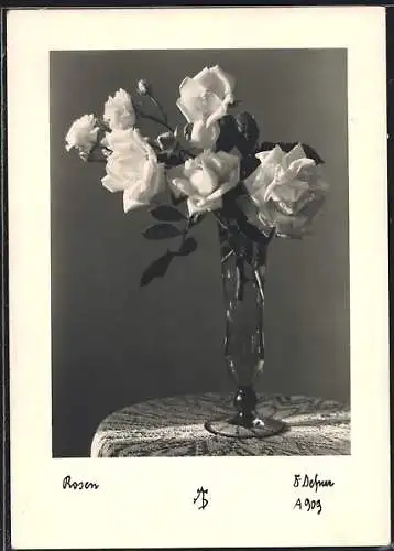 Foto-AK Adalbert Defner: Weisse Rosen in gläserner Vase