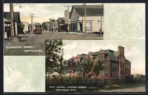 AK Westville /N.S., M. Quarries Corner with tramway, High School