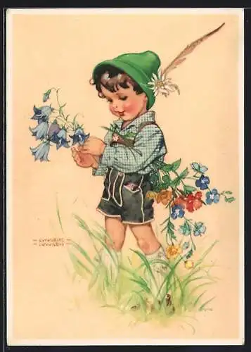 Künstler-AK Lungers Hausen: Bube in Lederhosen pflückt Blumen