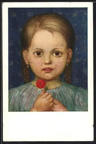 Künstler-AK Matthäus Schiestl: Mädchen in blauem Kleid mit roter Blume