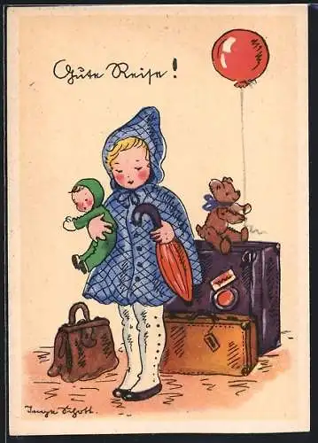 Künstler-AK Inge Schott: hübsches Mädchen mit Koffer, Puppe und Teddybären
