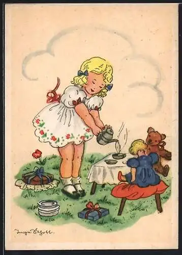 Künstler-AK Inge Schott: Mädchen giesst für ihre Puppe Tee ein