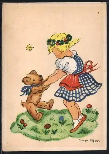 Künstler-AK Inge Schott: Mädchen tanzt mit Teddy