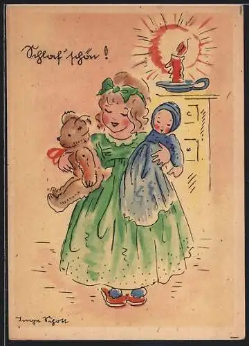 Künstler-AK Inge Schott: Schlaf schön! Mädchen bringt Teddy und Puppe zu Bett