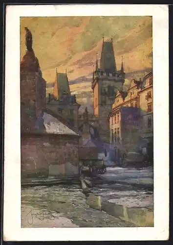 Künstler-AK Carl Josef Pollak: Kleinseitner Brückentürm in Prag