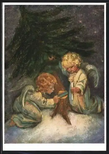 Künstler-AK Maria Spötl: Weihnachtszeit, Engel fällen Christbaum