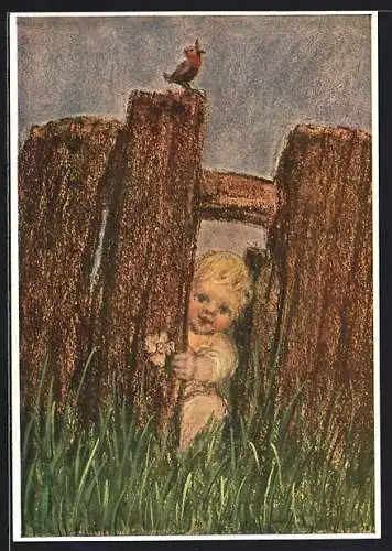 Künstler-AK Maria Spötl: Guck in die Welt, Kind schaut durch einen Holzzaun hervor