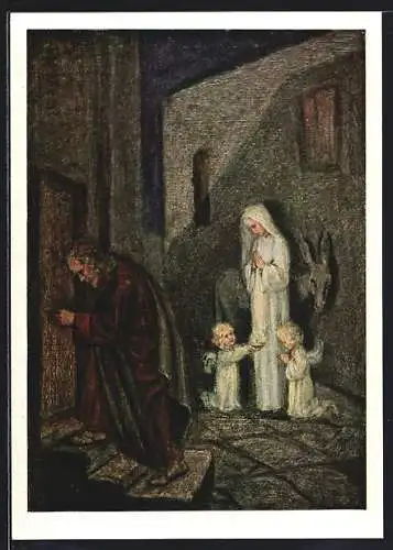 Künstler-AK Maria Spötl: Wer lässt und ein? Maria, Josef und Engel