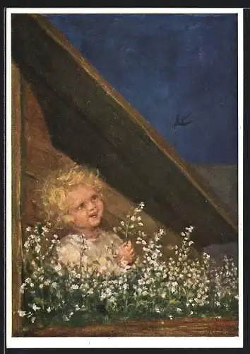Künstler-AK Maria Spötl: Kind schenkt Vogel eine Blume