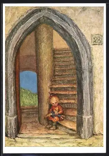 Künstler-AK Maria Spötl: Kind sitzt am Fusse einer Treppe