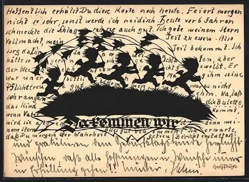 Künstler-AK Georg Plischke: Elfen rennen mit Blumen über eine Wiese