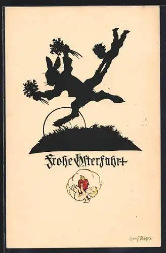 Künstler-AK Georg Plischke: Osterhase läuft mit Blumen über eine Wiese