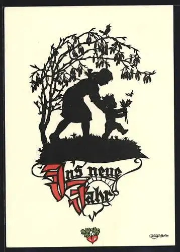 Künstler-AK Georg Plischke: Neujahr, Mutter mit Kind unter einem Strauch