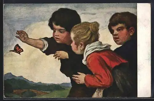 Künstler-AK Ludwig von Zumbusch: Kinder betrachten Schmetterling
