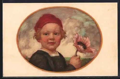 Künstler-AK Ludwig von Zumbusch: Junge mit Sonneblume in der Hand