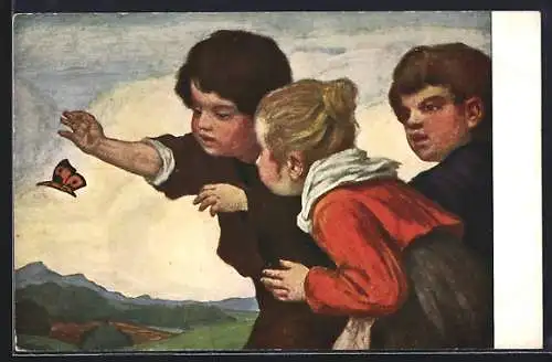 Künstler-AK Ludwig von Zumbusch: Kinder betrachten Schmetterling