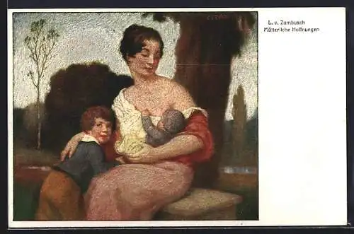 Künstler-AK Ludwig von Zumbusch: Mütterliche Hoffnungen, Mutter mit ihren Kindern