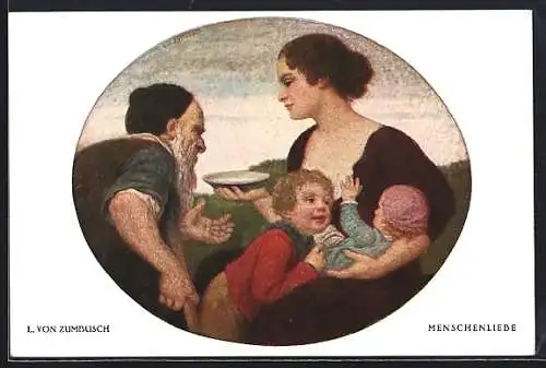 Künstler-AK Ludwig von Zumbusch: Mutter kümmert sich um Kinder und Grossvater, Menschenliebe