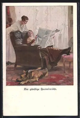 Künstler-AK Brynolf Wennerberg: Frauen lesen einen günstigen Heeresbericht in der Zeitung, Schäferhund