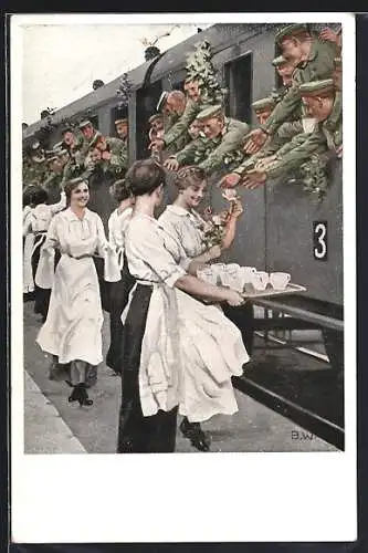 Künstler-AK Brynolf Wennerberg: Erfrischungsstaion, Soldaten bekommen Kaffee von jungen Frauen am Bahnhof