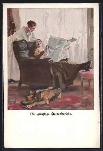 Künstler-AK Brynolf Wennerberg: Frauen lesen einen günstigen Heeresbericht in der Zeitung, Schäferhund