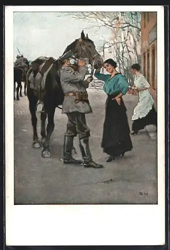 Künstler-AK Brynolf Wennerberg: Kellnerin reicht einem Soldaten mit Pferd ein Glas Bier