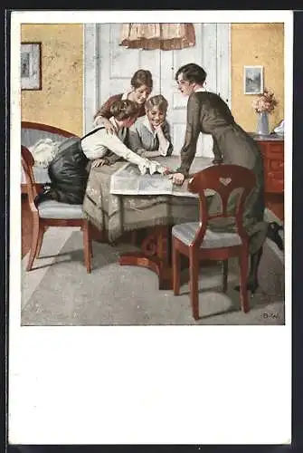 Künstler-AK Brynolf Wennerberg: Strategie, Soldatenfrauen bei der Lagebesprechung