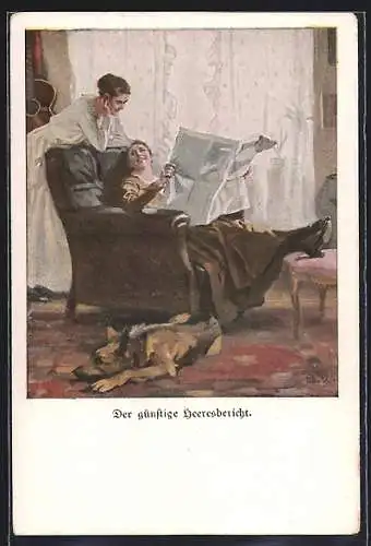 Künstler-AK Brynolf Wennerberg: Frauen lesen einen günstigen Heeresbericht in der Zeitung, Schäferhund