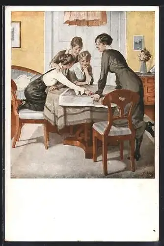 Künstler-AK Brynolf Wennerberg: Strategie, Soldatenfrauen bei der Lagebesprechung