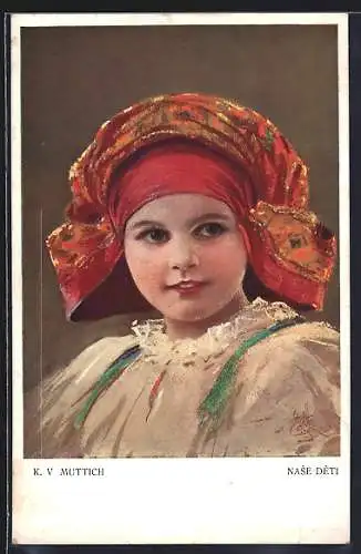 Künstler-AK C.V.Muttich: Portrait Mädchen in Tracht mit rotem Kopftuch