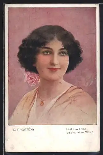Künstler-AK Camil Vladislav Muttich: Liebe, Dame mit Rose