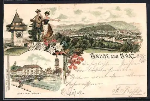 Lithographie Graz, Uhrturm, Wanderer und Frau in Tracht, Franz Carl-Brücke
