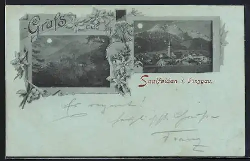 Mondschein-AK Saalfelden i. Pinzgau, Ortspartie mit Kirche, Panorama