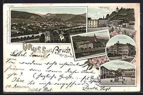 Lithographie Bruck an der Mur, Schlossburg, Schulhaus und Ortsansicht