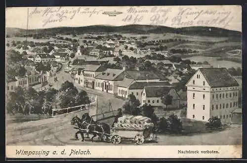 Künstler-AK Wimpassing a. d. Pielach, Strassenpartie mit Pferdewagen und Zeppelin-Luftschiff
