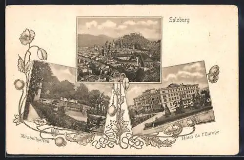 AK Salzburg, Hotel de l`Europe, Mirabellgarten, Stadtansicht