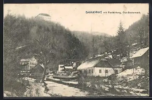 AK Demeldorf /Ost-Steiermark, Ortspartie mit Festenburg im Winter