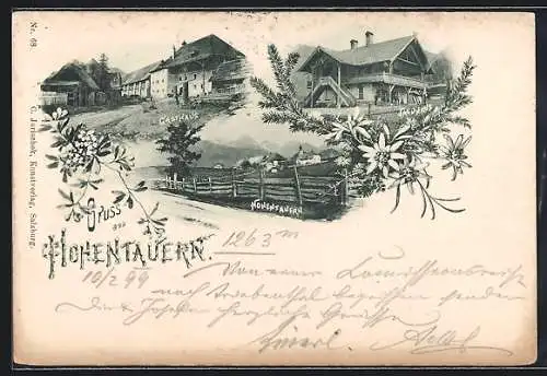 Lithographie Hohentauern, Ortsansicht mit Gäste- u. Jagdhaus