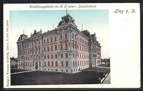 AK Linz, Direktionsgebäude der K.K. österr. Staatsbahnen aus der Vogelschau