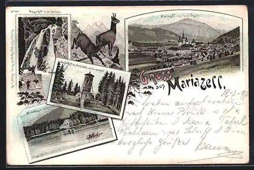 Lithographie Maria Zell, Wasserfall in der Grünau, Ortsansicht, Herrenhaus am Erlaf-See