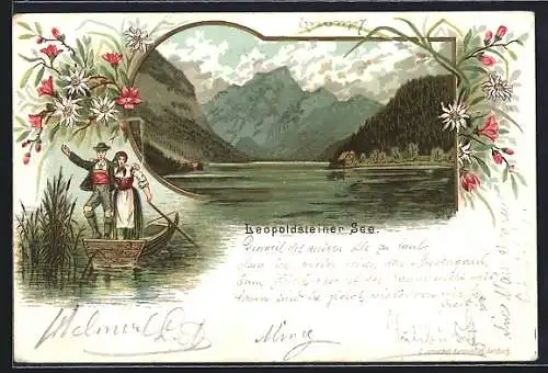 Lithographie Leopoldsteiner See, Seeblick, Ruderboot