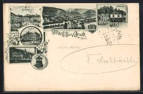 Lithographie Bruck a. d. Mur, Schulhaus, Schlossberg, Hauptplatz