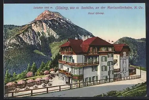 AK Gösing an der Mariazellerbahn, Hotel Gösing gegen den Oetscher