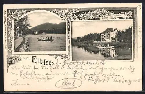 AK Erlafsee, Hotel Herrenhaus, Uferpartie mit Boot