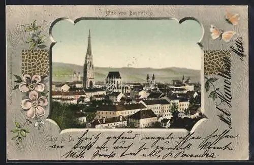 AK Linz a. D., Blick vom Bauernberg auf den Ort, Schmetterlinge