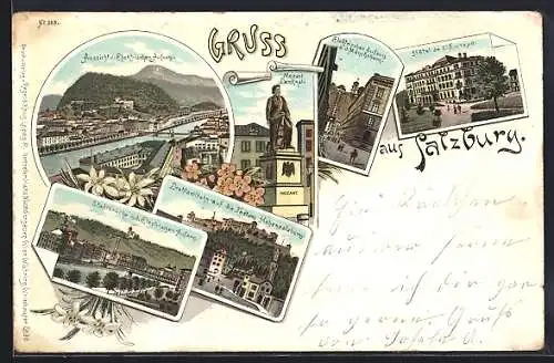 Lithographie Salzburg, Hotel de l`Europe, Mozartdenkmal, Stadtbrücke m. d. elektrischen Aufzug